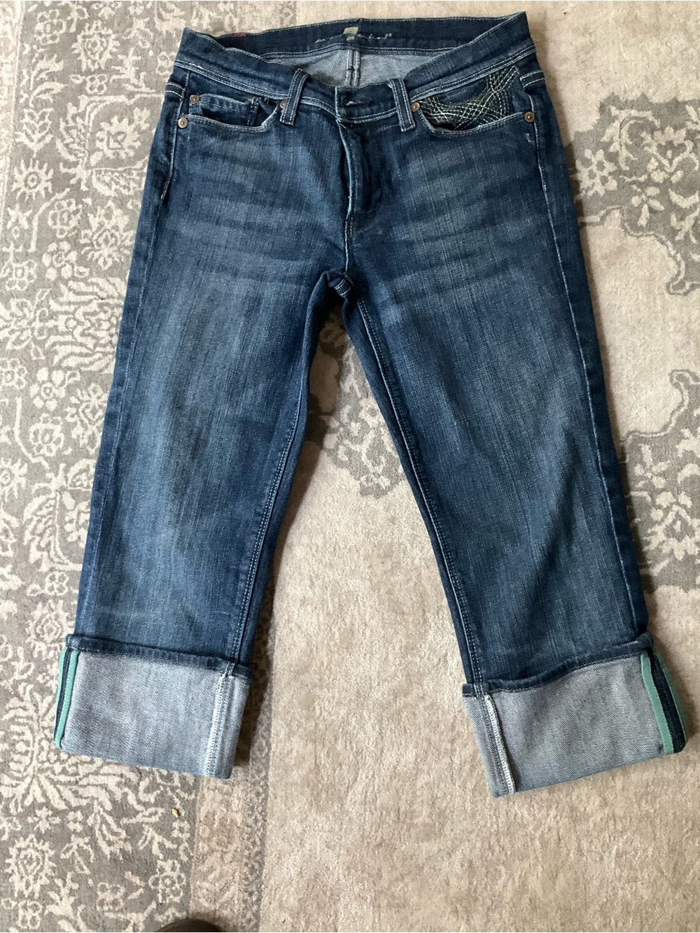 7 For All Mankind Dark Blue Cropped MIA  Roll‑Cuff Jeans